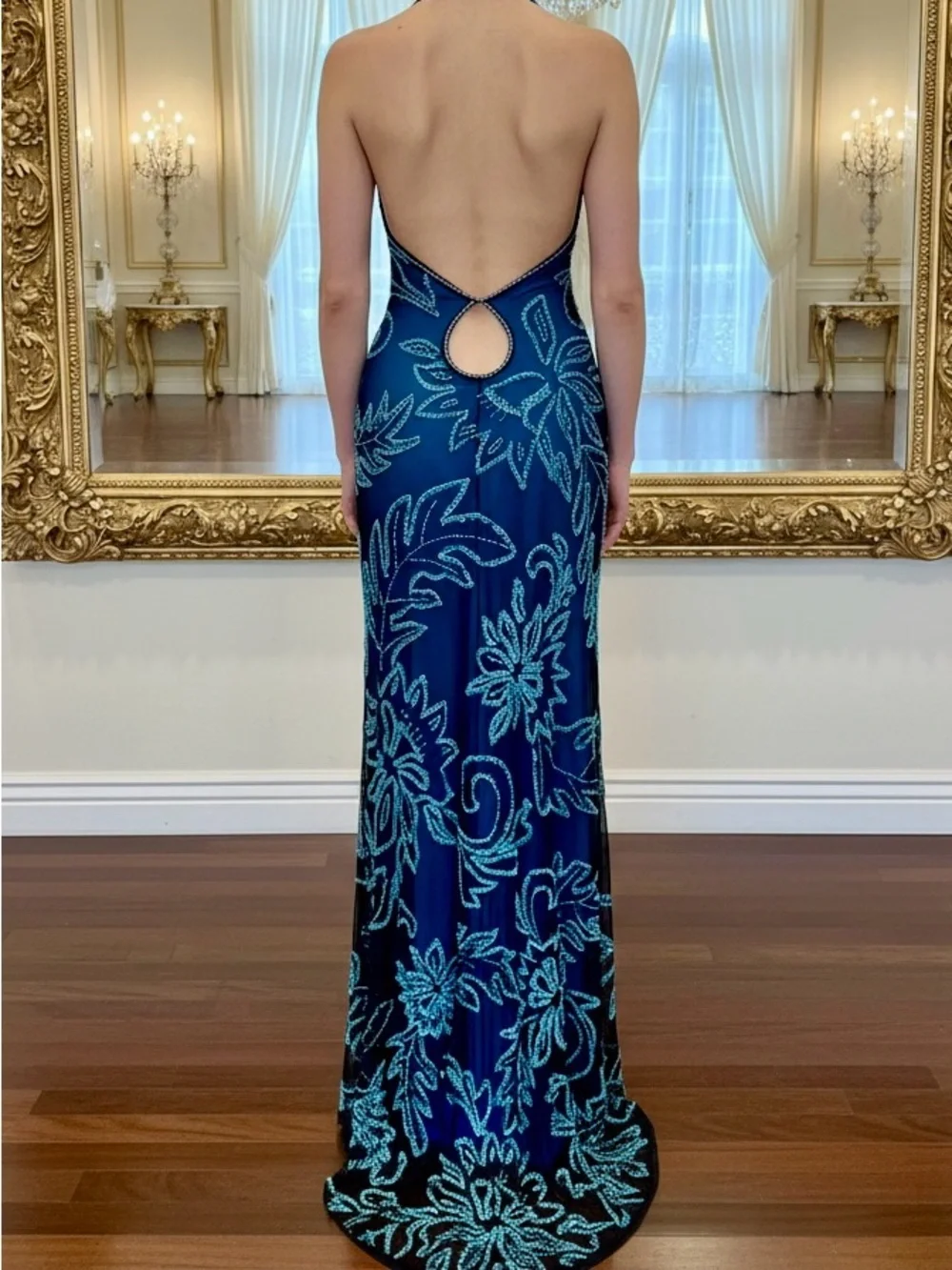 Elegant blue lining‎ w/black net overlay hand beaded Halter Evening Gown stretch